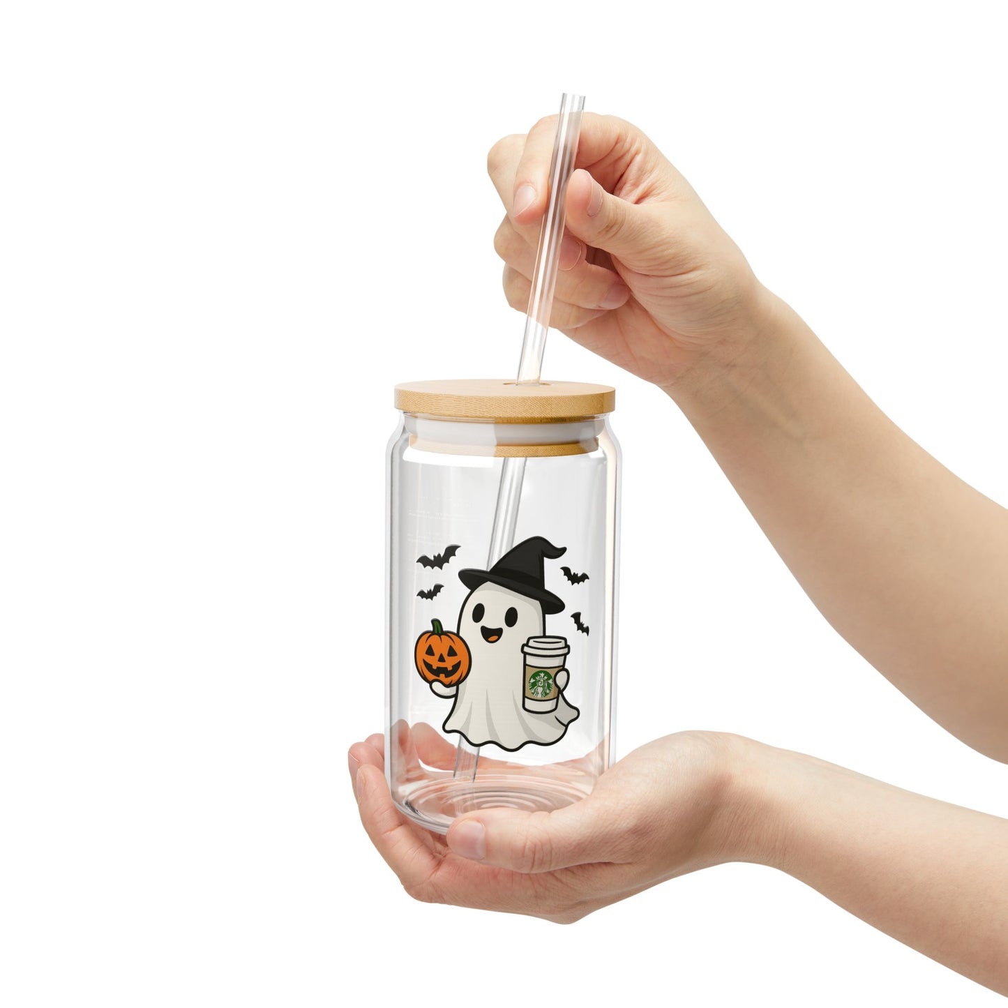 Halloween Themed Sipper Glass | Whimsical Ghost Design | 16oz Drinkware for Parties, Fall Gatherings, Kids & Adults, Pumpkin Decor