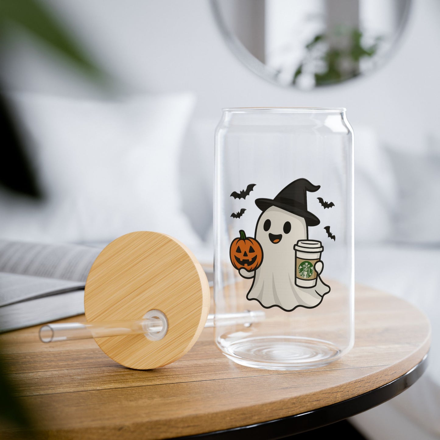 Halloween Themed Sipper Glass | Whimsical Ghost Design | 16oz Drinkware for Parties, Fall Gatherings, Kids & Adults, Pumpkin Decor