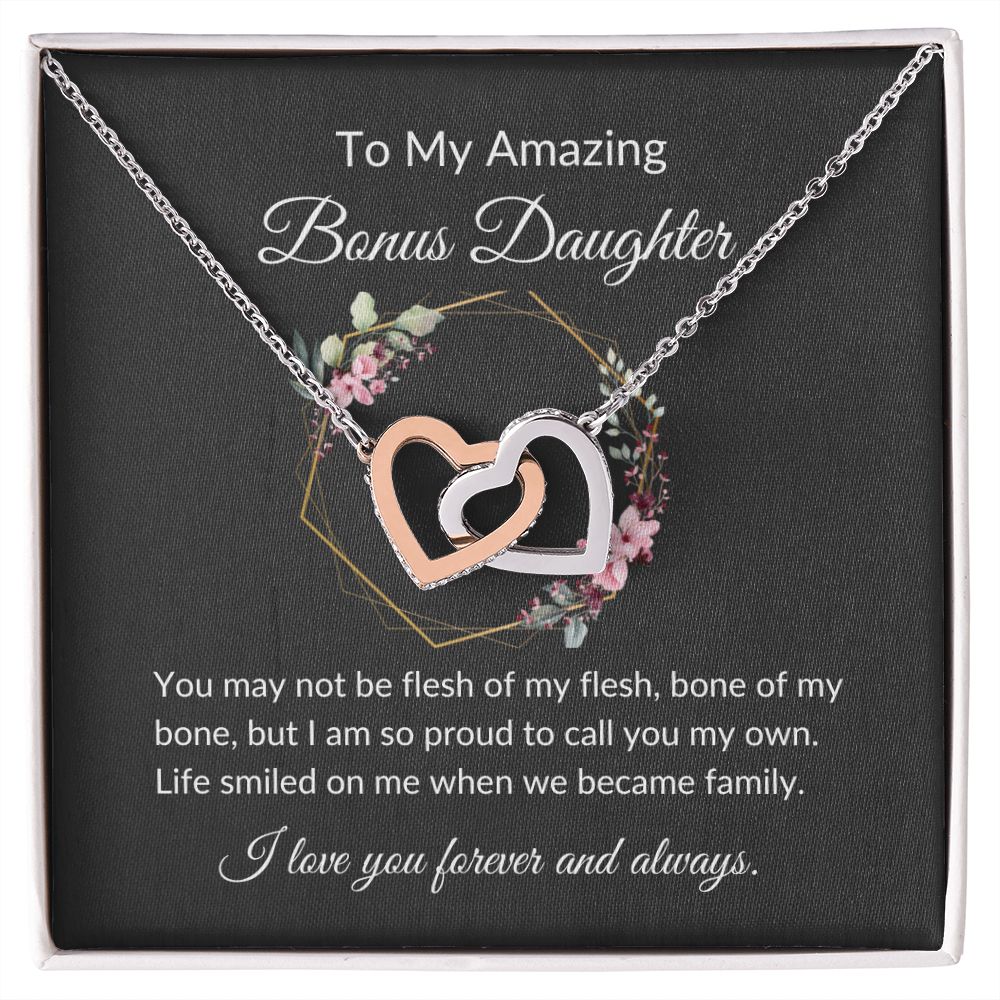 To My Amazing Bonus Daughter Interlocking Heart Necklace