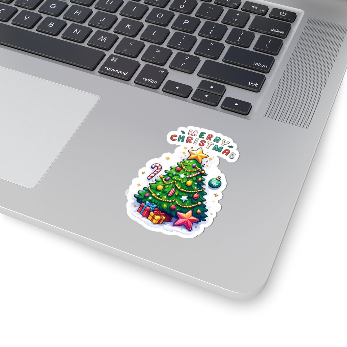 Merry Christmas Tree Kiss-Cut Sticker — Festive Holiday Decal for Laptops, Gifts & Cards