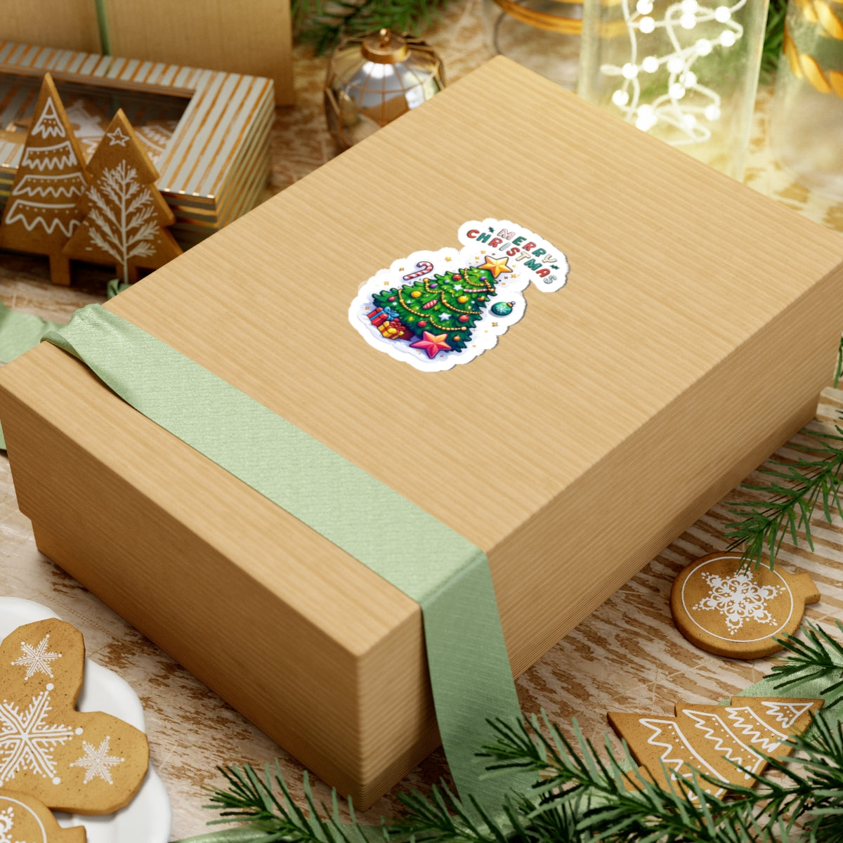 Merry Christmas Tree Kiss-Cut Sticker — Festive Holiday Decal for Laptops, Gifts & Cards