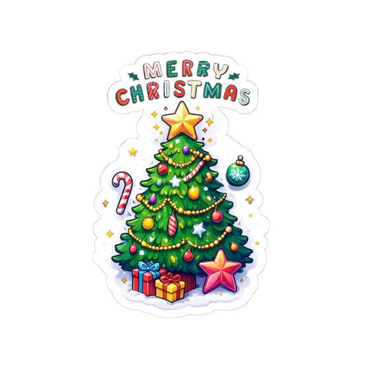 Merry Christmas Tree Kiss-Cut Sticker — Festive Holiday Decal for Laptops, Gifts & Cards