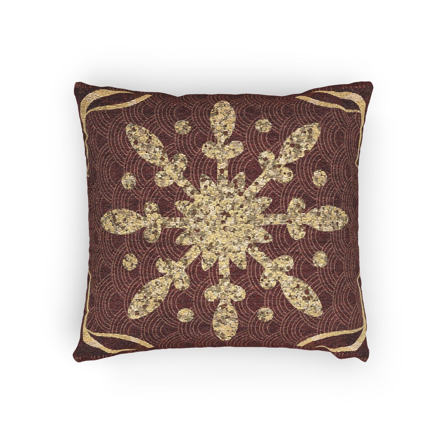Gold Snowflake Woven Pillow, Holiday Throw Pillow | Burgundy and Metallic Accent