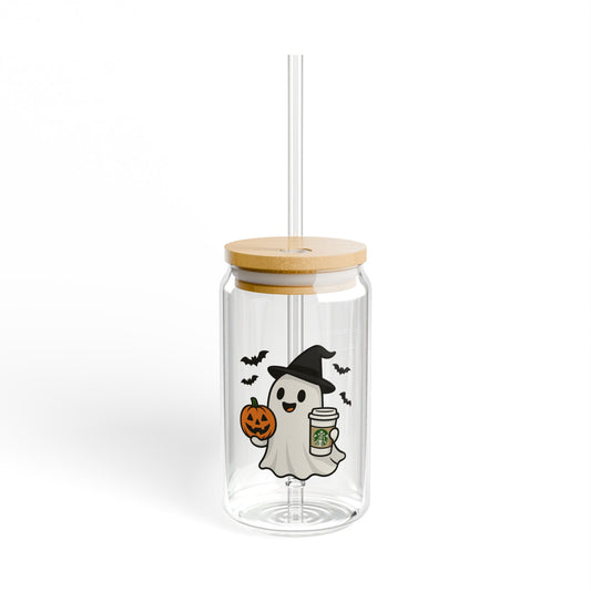 Halloween Themed Sipper Glass | Whimsical Ghost Design | 16oz Drinkware for Parties, Fall Gatherings, Kids & Adults, Pumpkin Decor