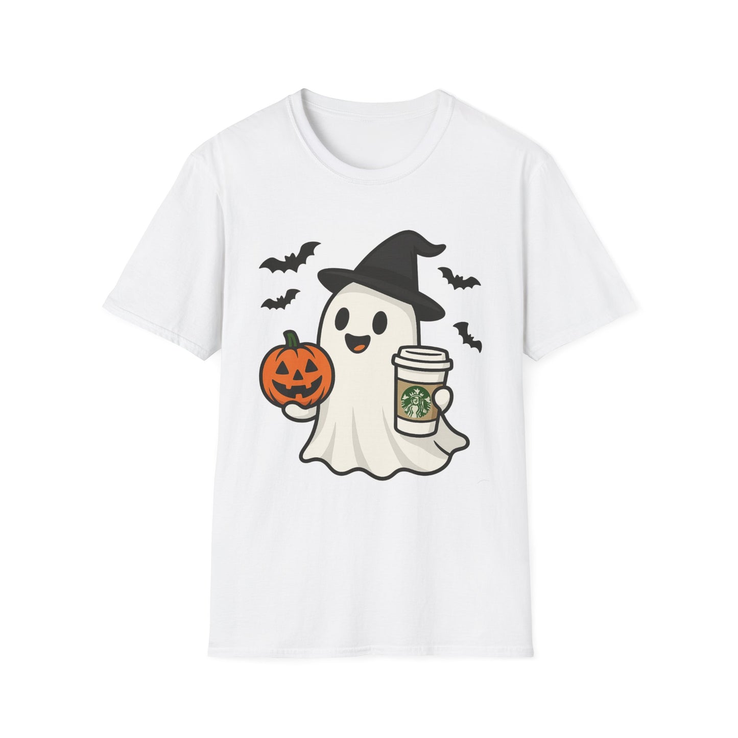 Halloween Ghost T-Shirt, Unisex Softstyle Tee, Spooky Apparel, Fall Fashion, Pumpkin Coffee Lover, Halloween Costume Top