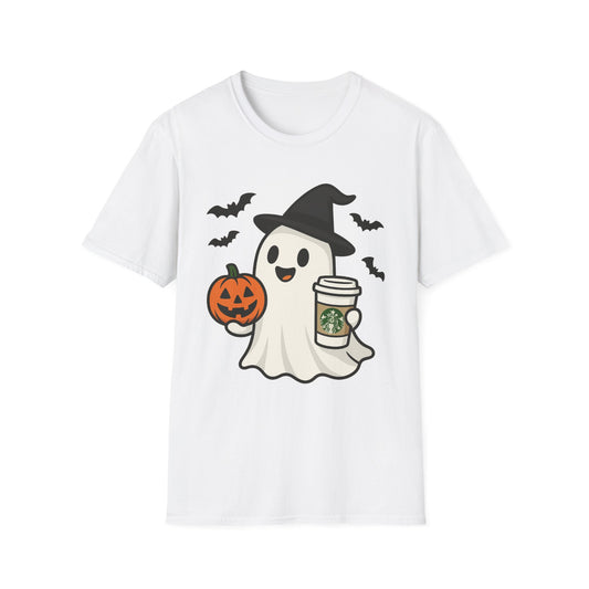 Halloween Ghost T-Shirt, Unisex Softstyle Tee, Spooky Apparel, Fall Fashion, Pumpkin Coffee Lover, Halloween Costume Top