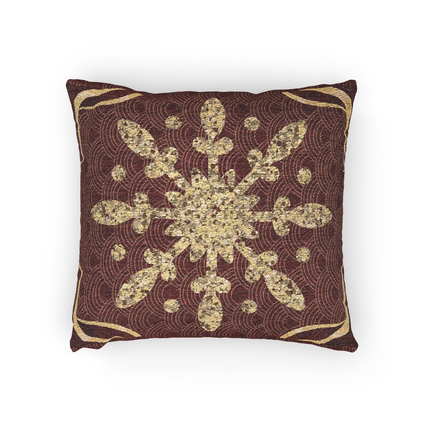 Gold Snowflake Woven Pillow, Holiday Throw Pillow | Burgundy and Metallic Accent