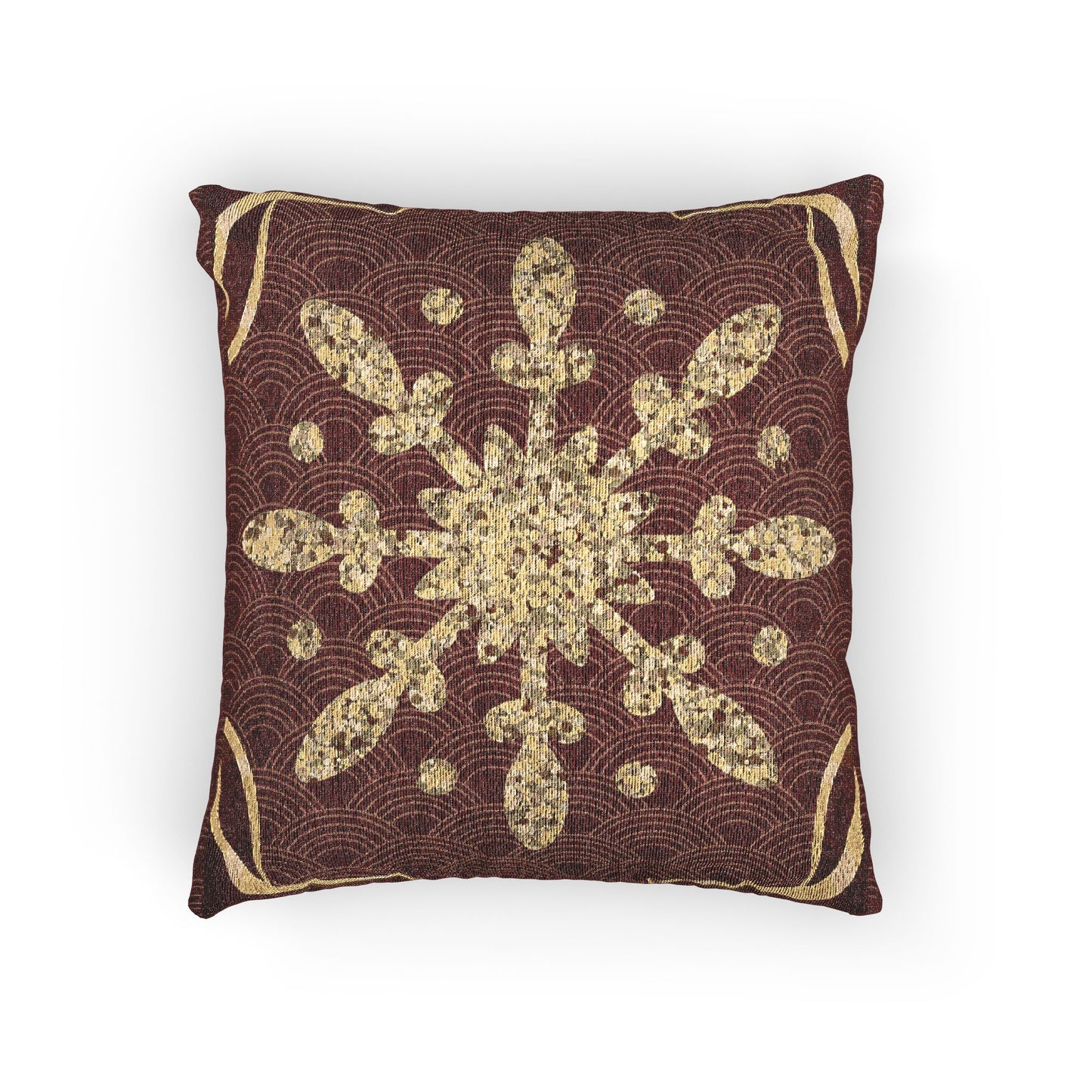 Gold Snowflake Woven Pillow, Holiday Throw Pillow | Burgundy and Metallic Accent