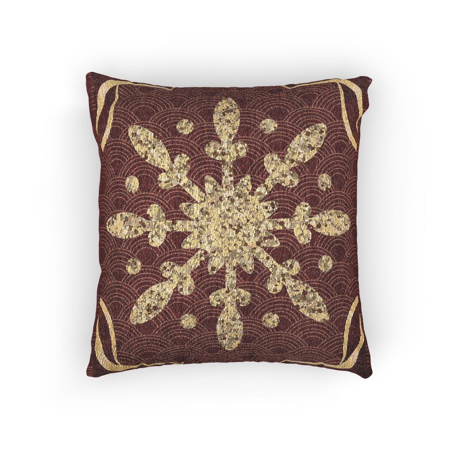 Gold Snowflake Woven Pillow, Holiday Throw Pillow | Burgundy and Metallic Accent