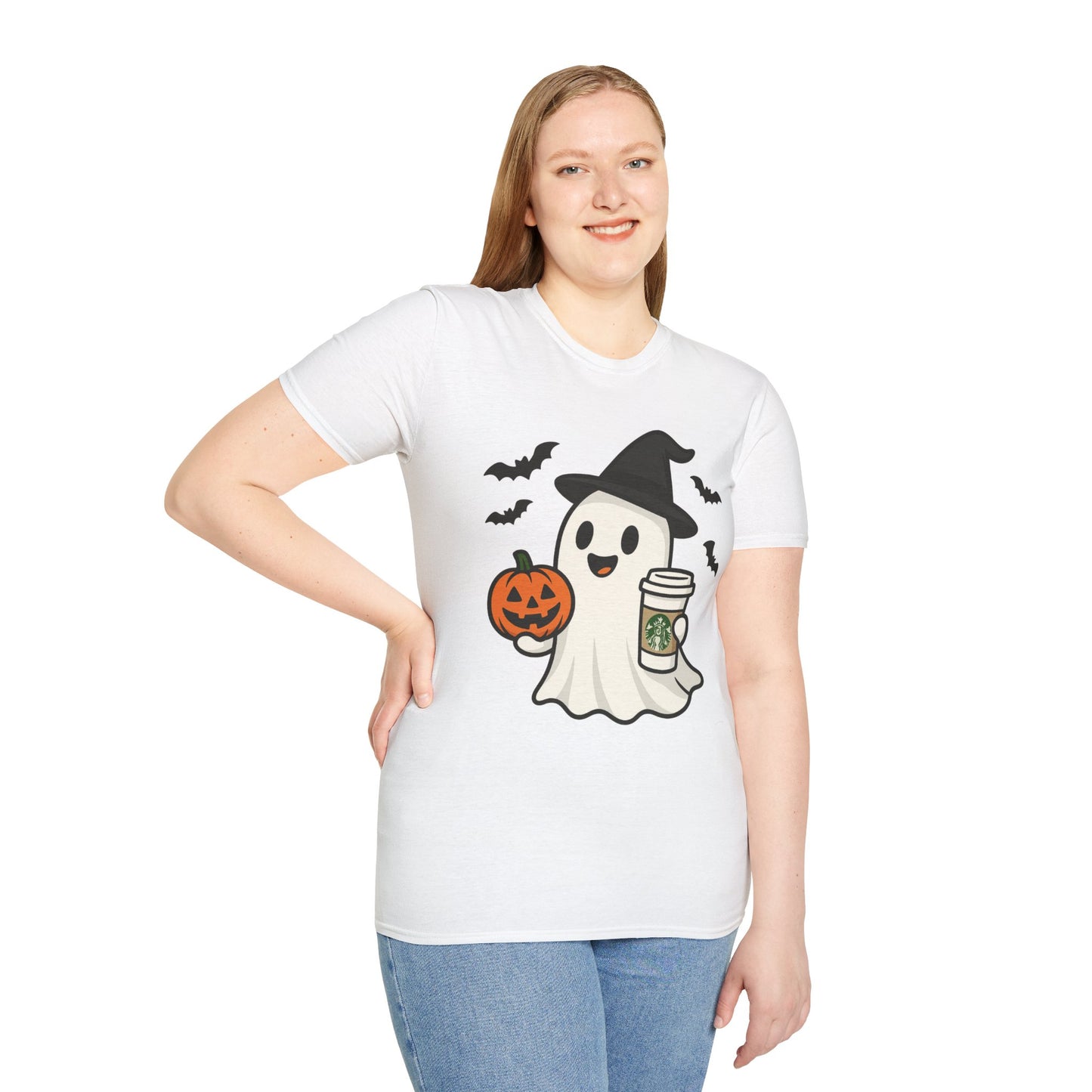 Halloween Ghost T-Shirt, Unisex Softstyle Tee, Spooky Apparel, Fall Fashion, Pumpkin Coffee Lover, Halloween Costume Top
