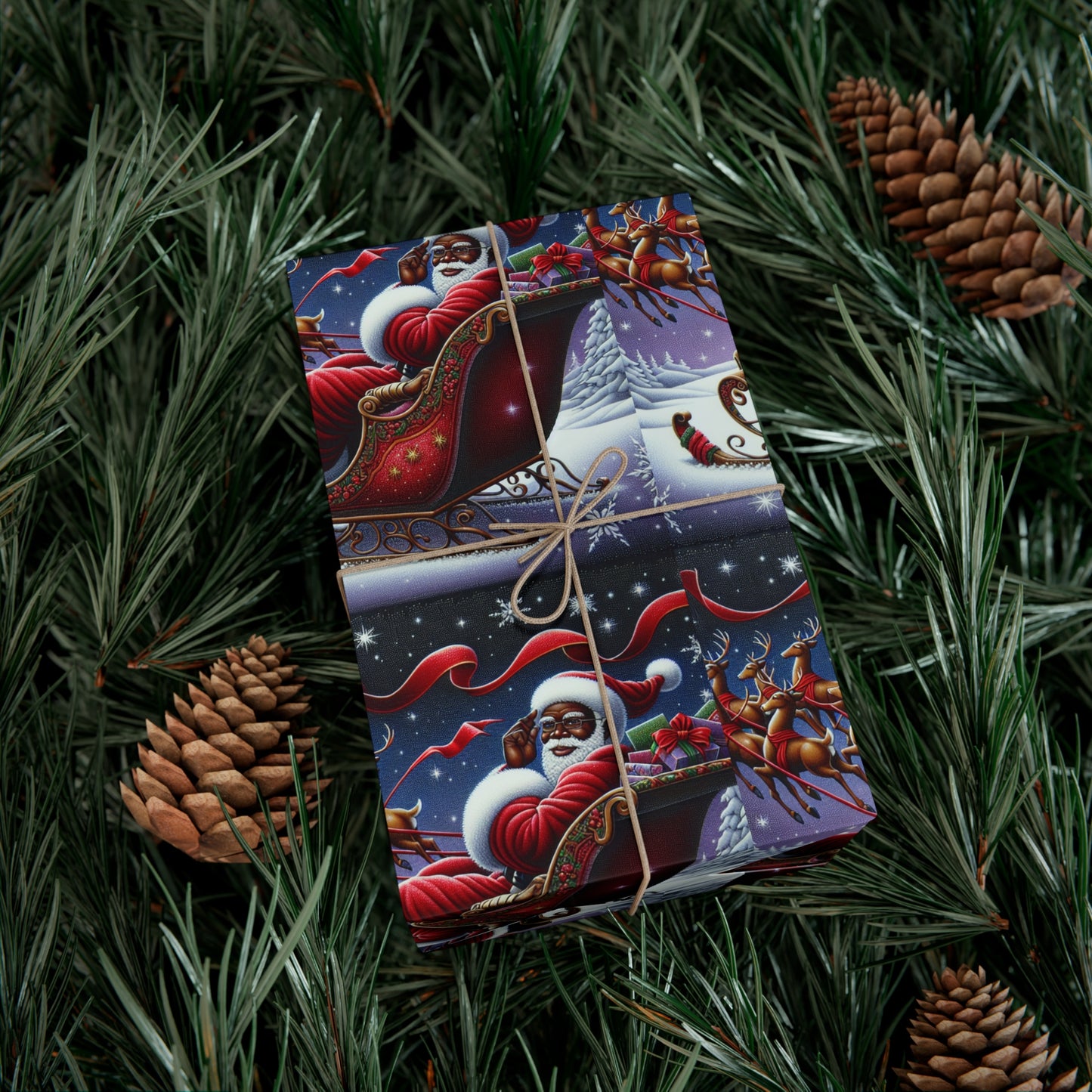 Black Santa Claus on His Sleigh Christmas Wrapping Paper