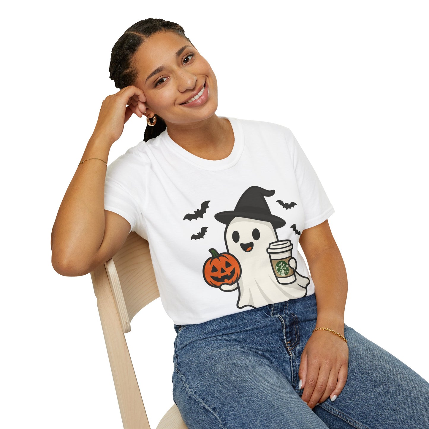 Halloween Ghost T-Shirt, Unisex Softstyle Tee, Spooky Apparel, Fall Fashion, Pumpkin Coffee Lover, Halloween Costume Top