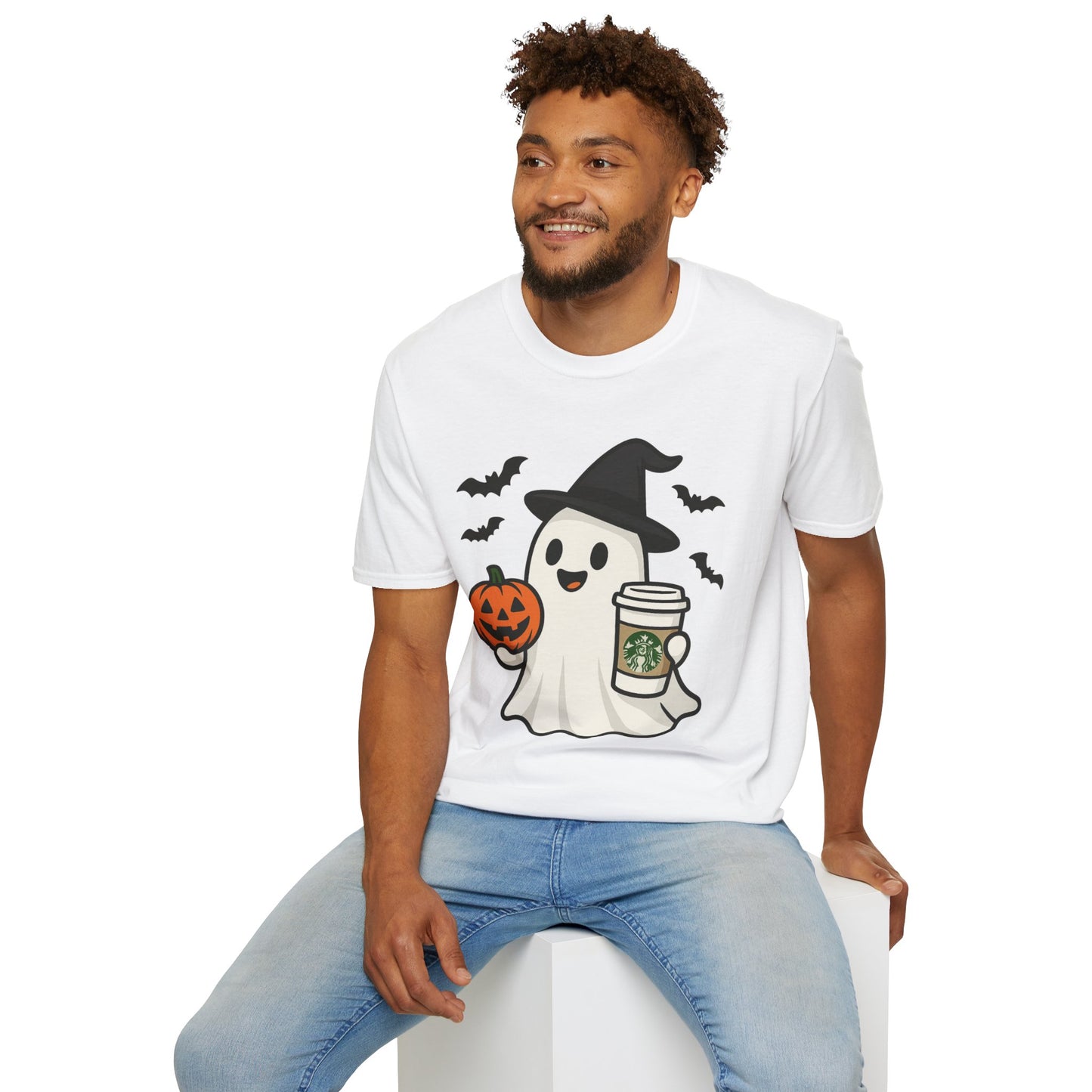 Halloween Ghost T-Shirt, Unisex Softstyle Tee, Spooky Apparel, Fall Fashion, Pumpkin Coffee Lover, Halloween Costume Top