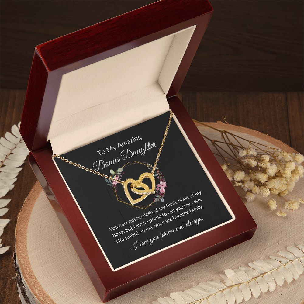 To My Amazing Bonus Daughter Interlocking Heart Necklace