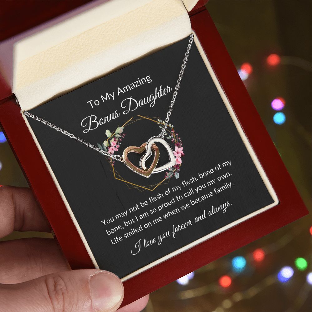To My Amazing Bonus Daughter Interlocking Heart Necklace